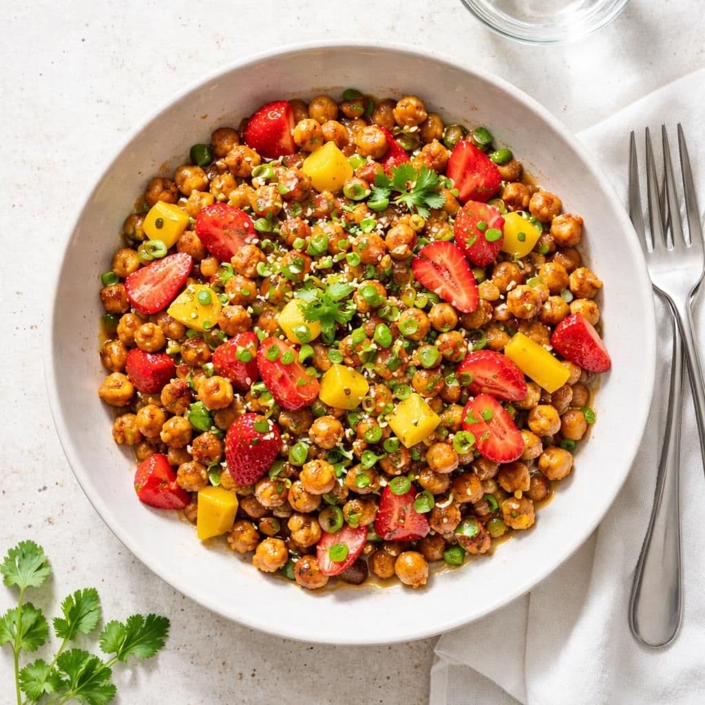 Wokstekte kikerter med mango og jordnær