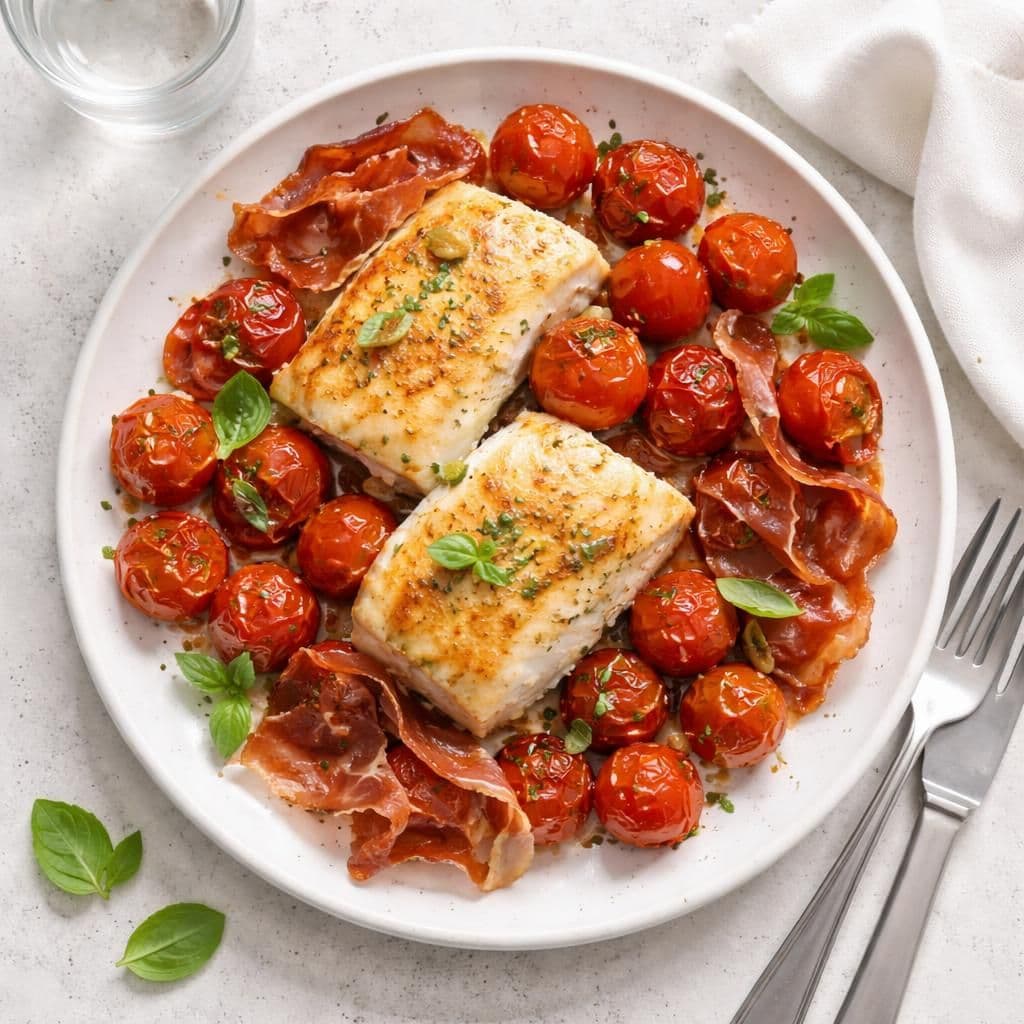Stekt torsk med røstede tomater og parmaskinke