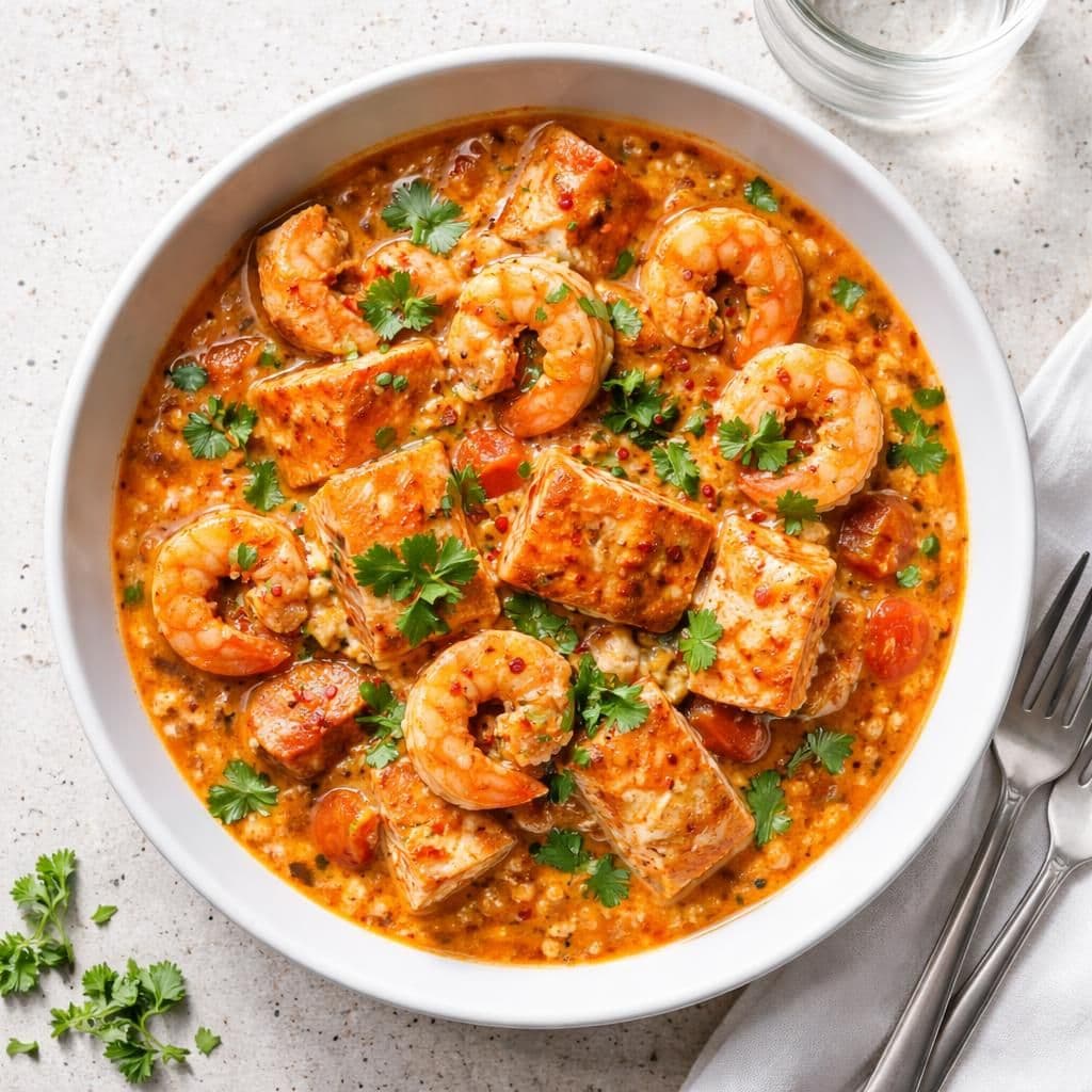 Stekt laks med scampi og kremet tomatsaus