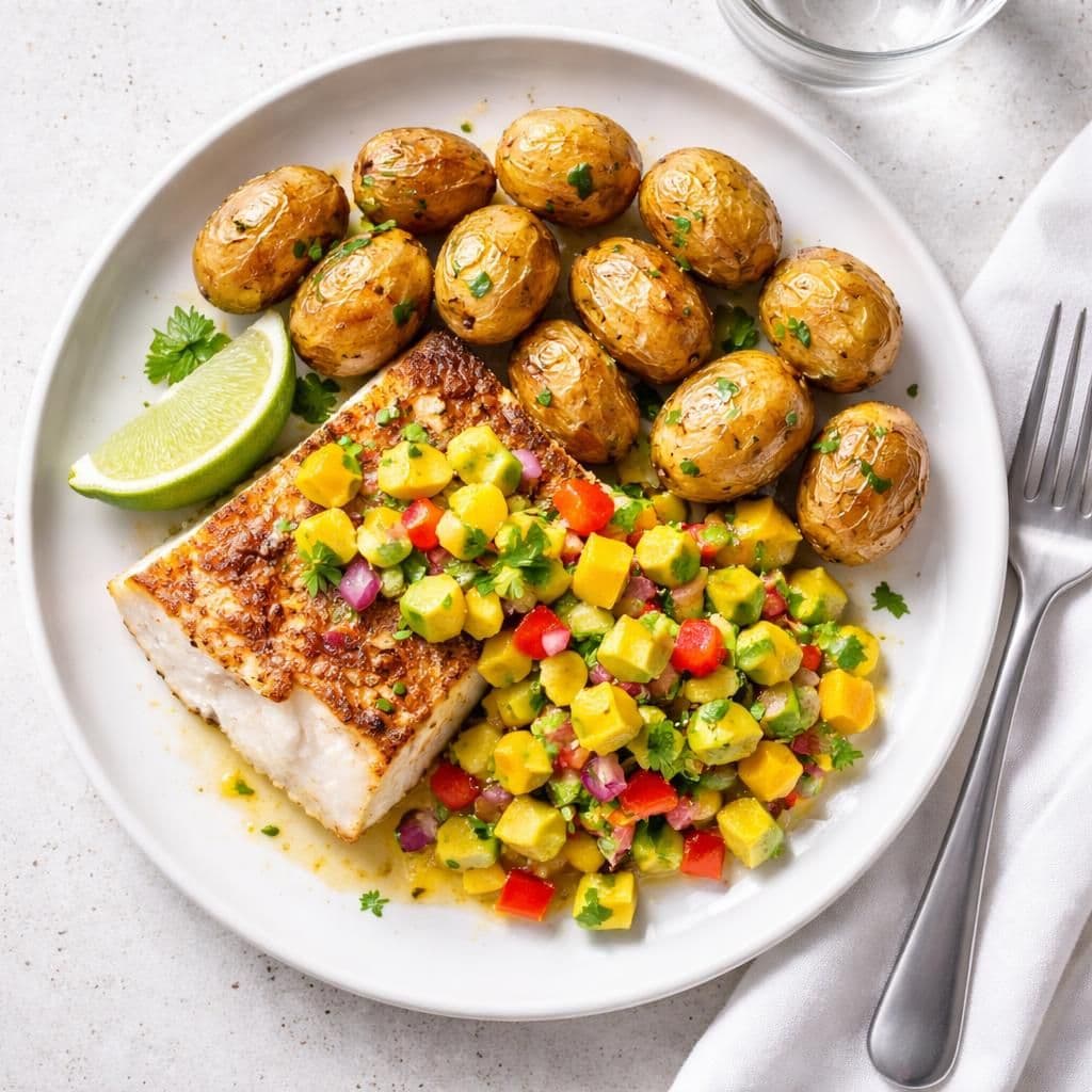 Stekt torsk med mangoavokado-salsa og ovnsbakte perlepoteter