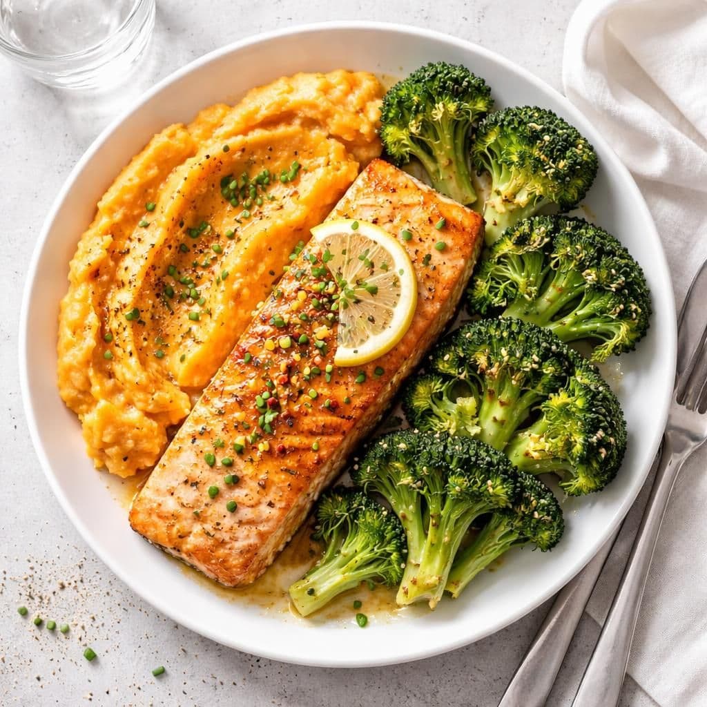 Laksefilet med brokkoli og søtpotetmos