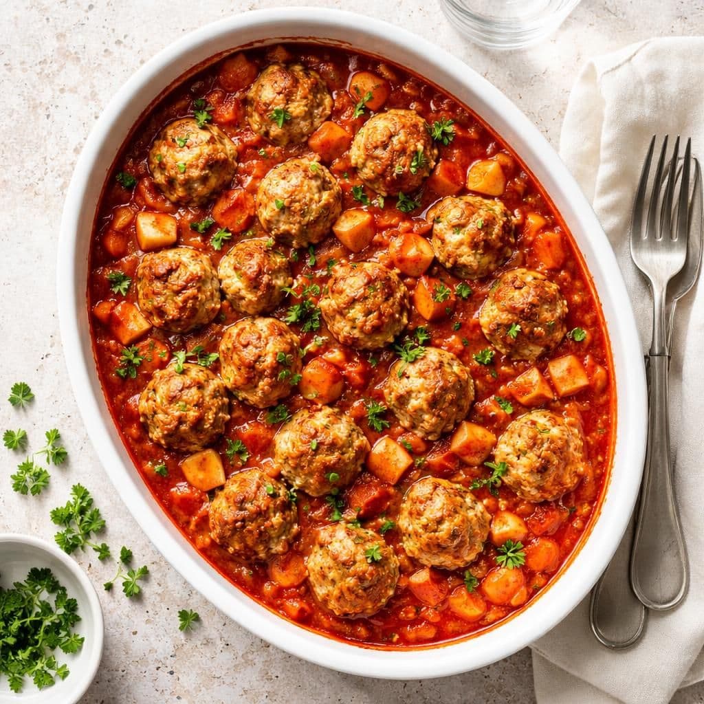 Ovnsbakt kyllingkjøttdeig med eple og tomatsaus