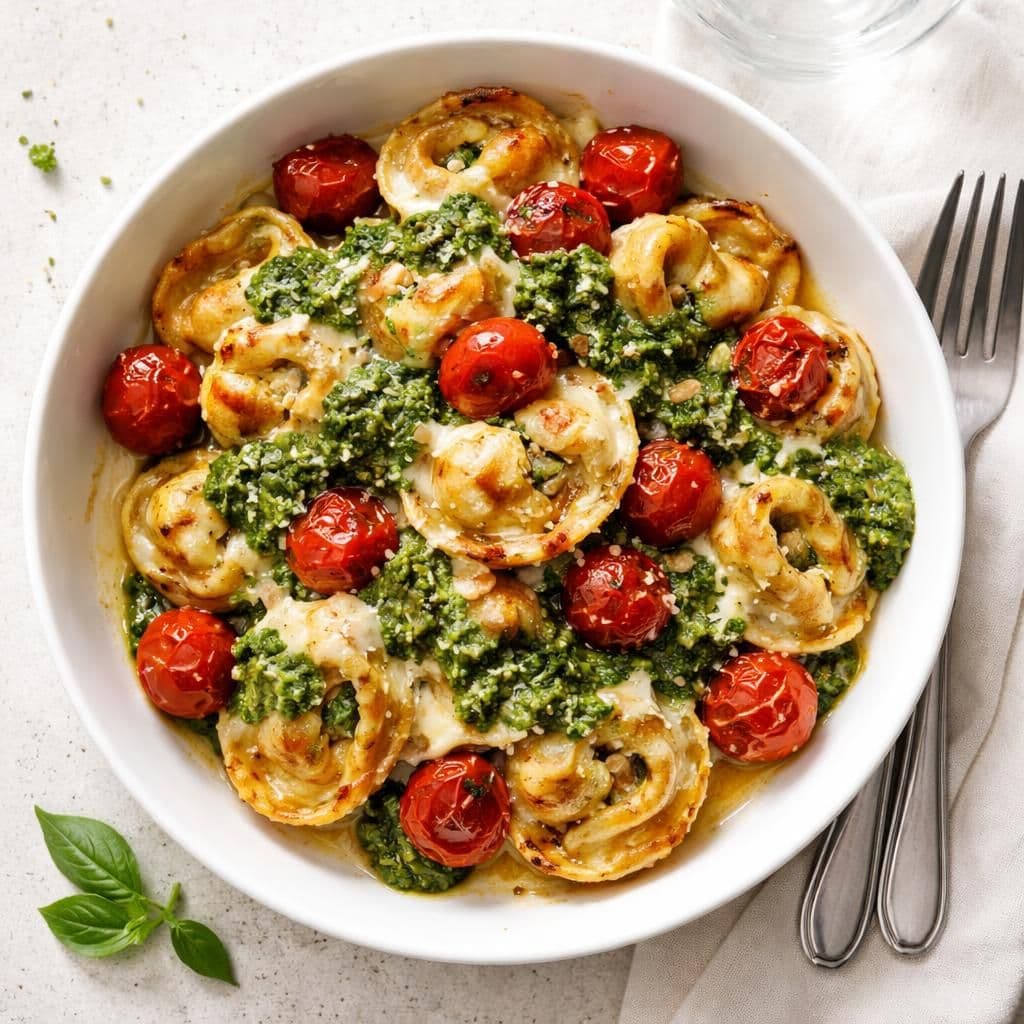 Stekt Tortellini med Pesto og Perletomater