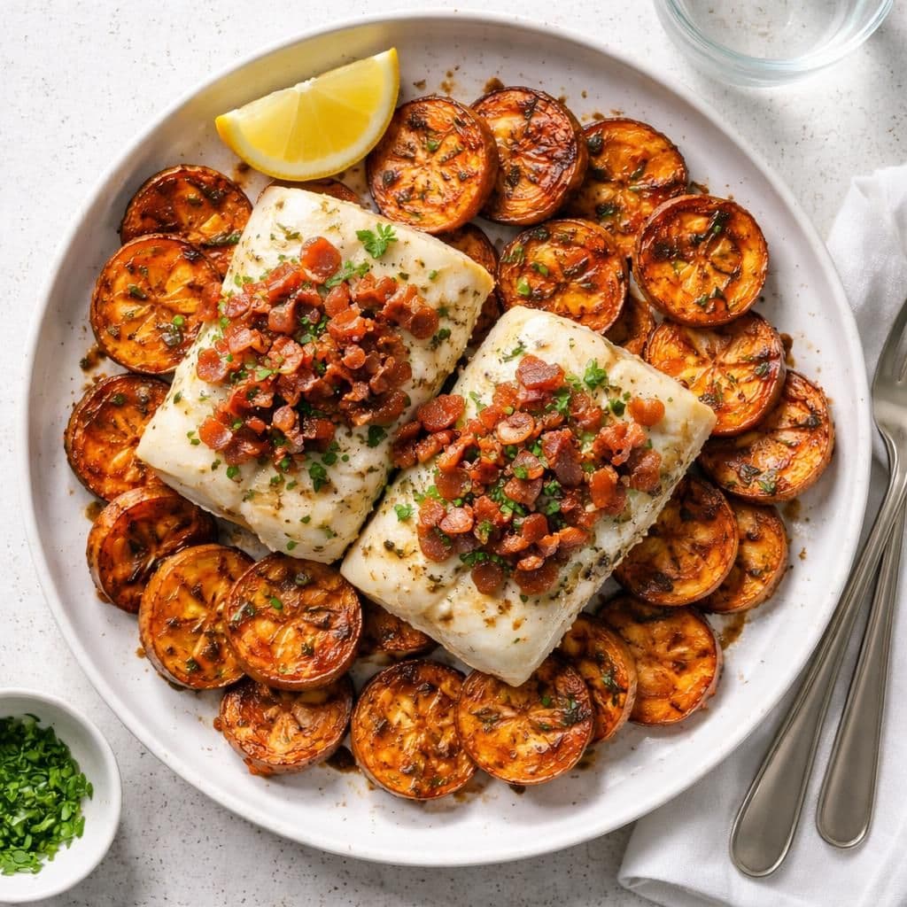 Ovnsbakt torsk med bacon og søtpoteter