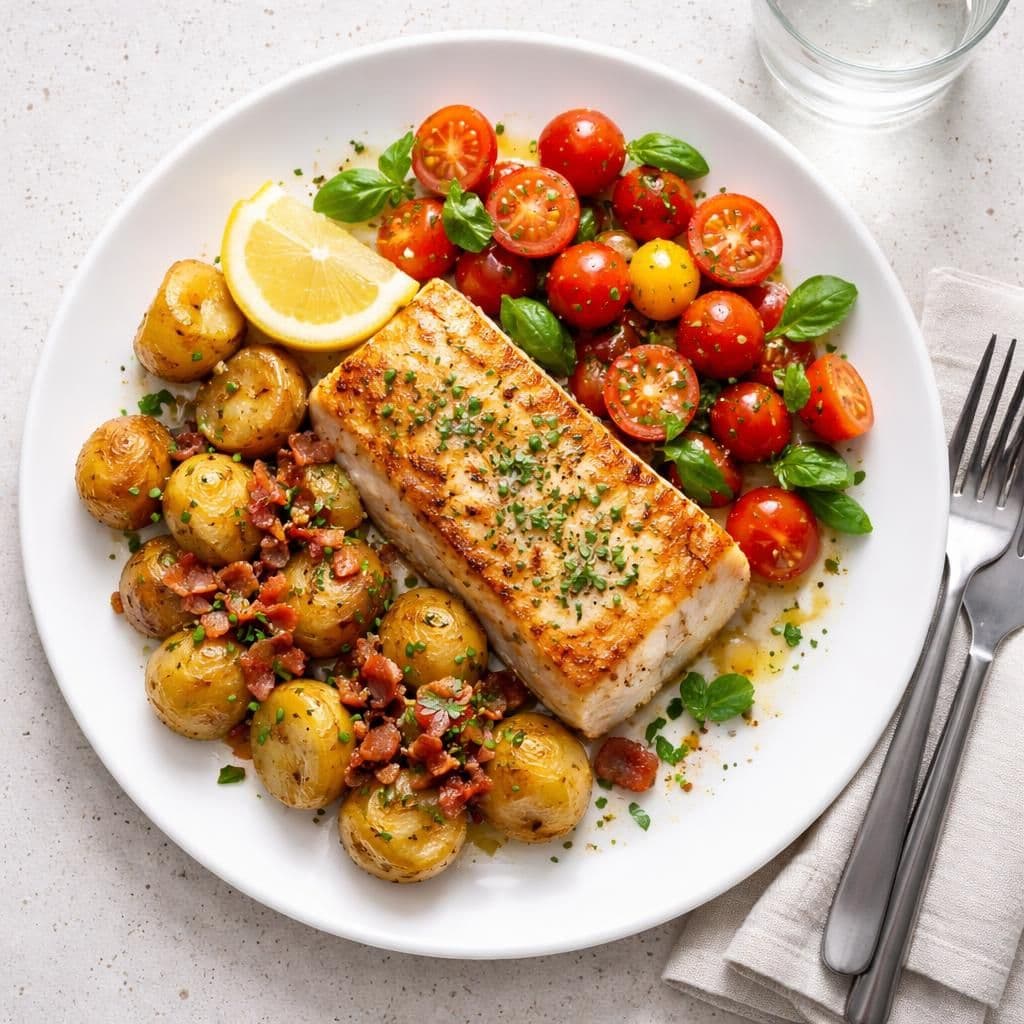 Stekt torsk med baconpoteter og perletomatsalat