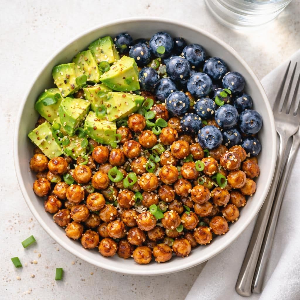Wokede kikerter med avokado og blåbær