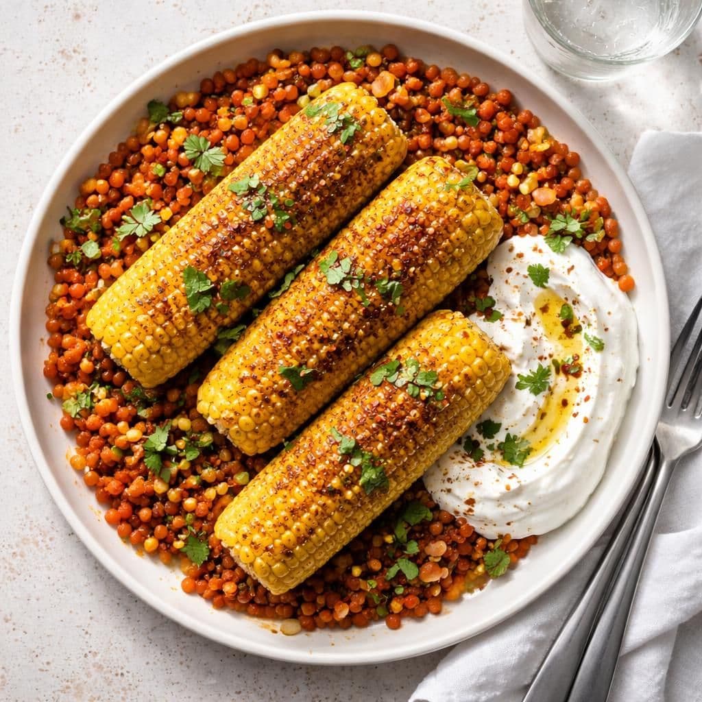 Stekt maiskolbe med røde linser og gresk yoghurt