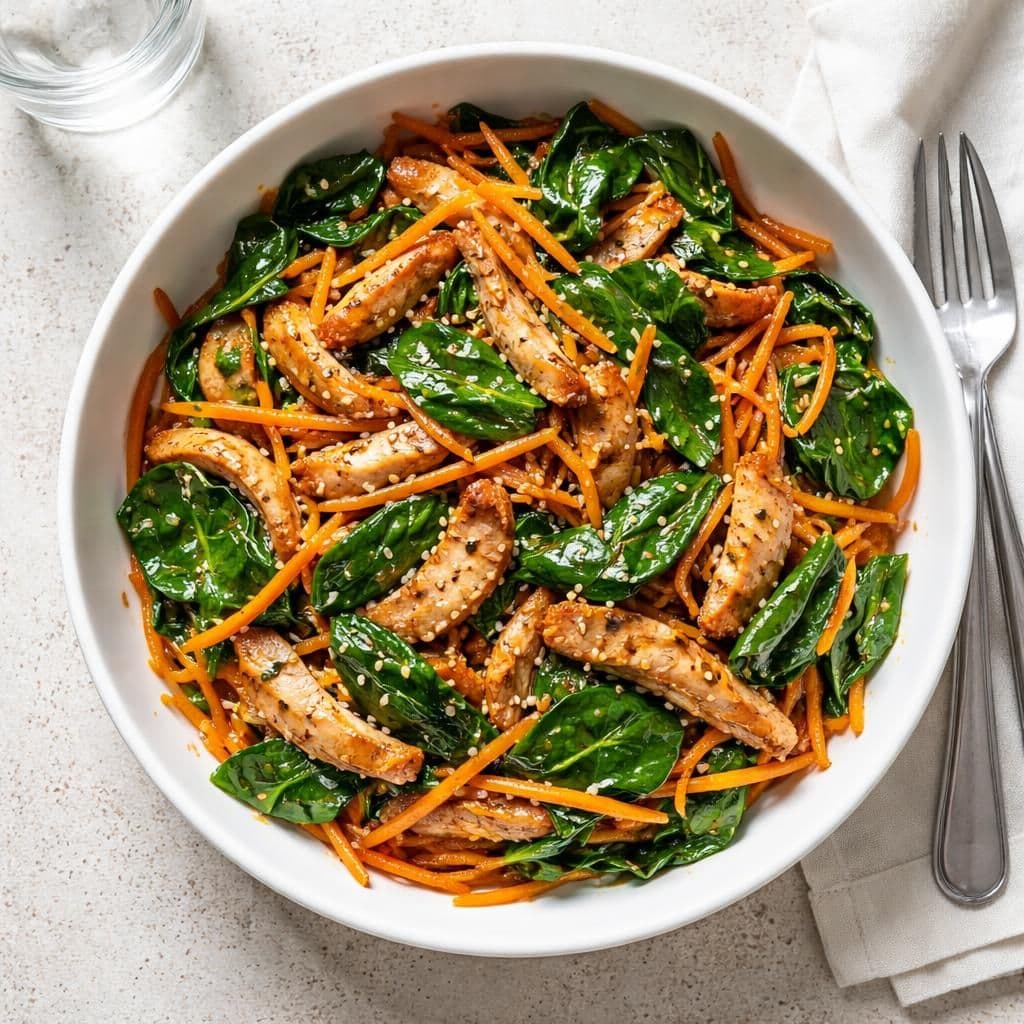 Wokstekt kalkunskiver med gulrot og spinat