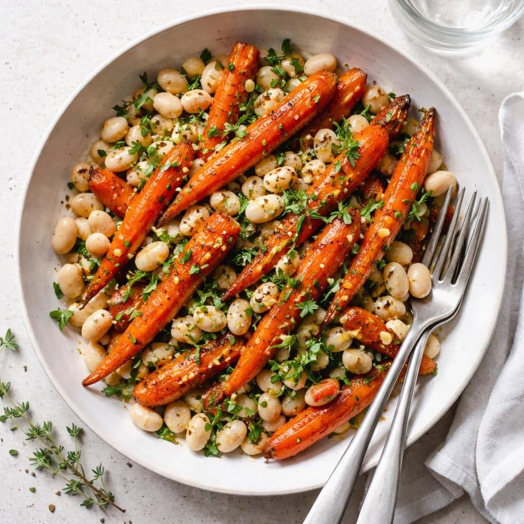 Ovnsbakte gulrøtter med hvite bønner og urter
