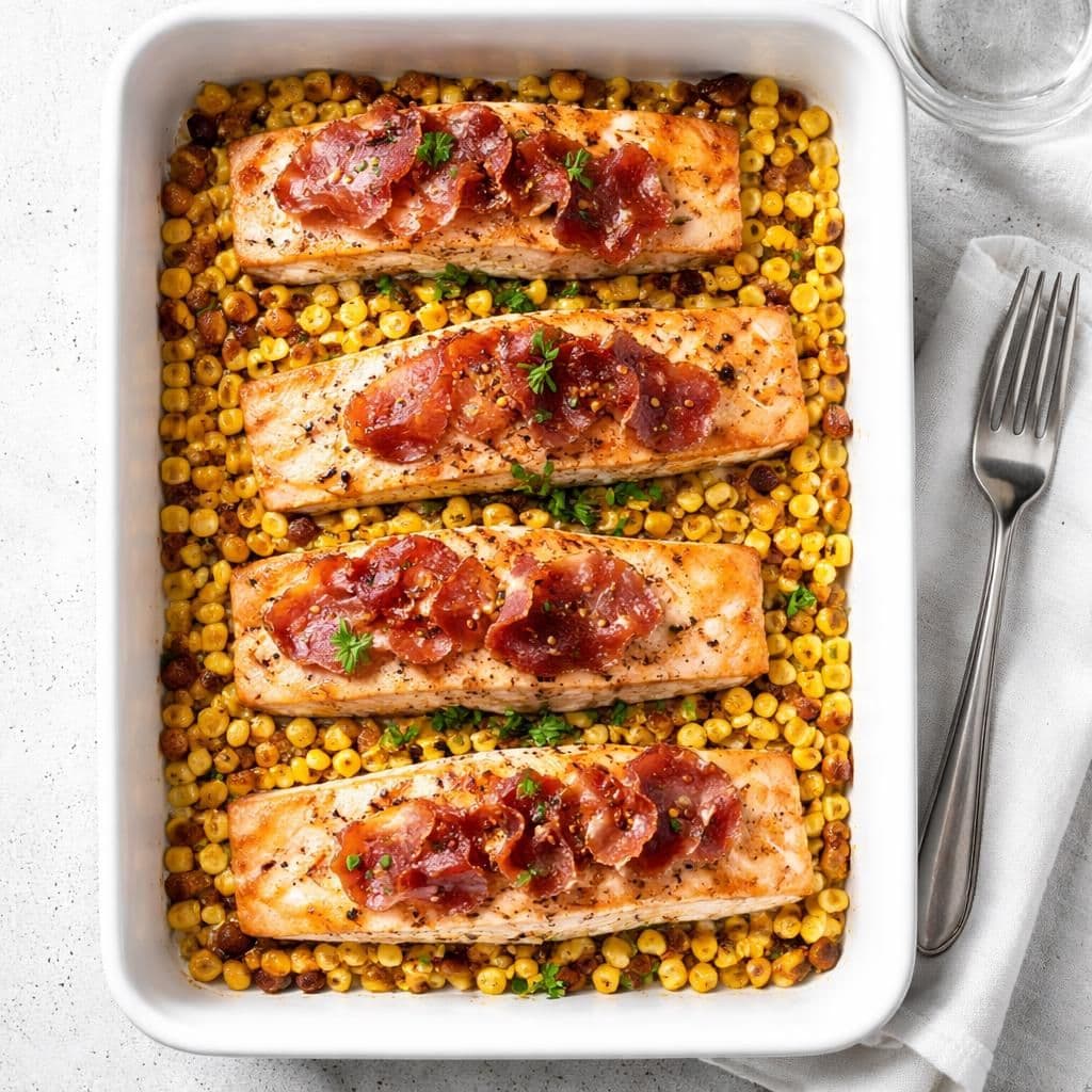 Laksefilet med mais og spekeskinke i ovn