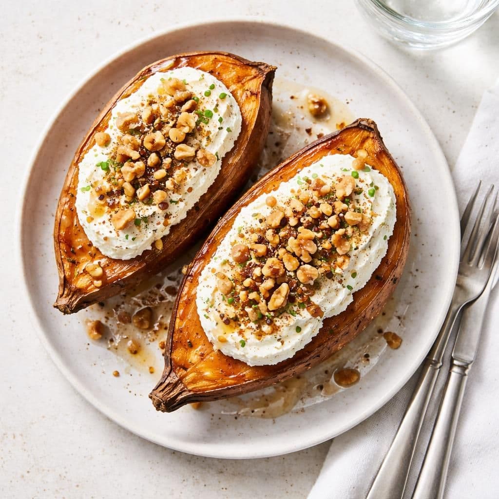 Ovnsbakt søtpotet med kremost og knasende nøtter