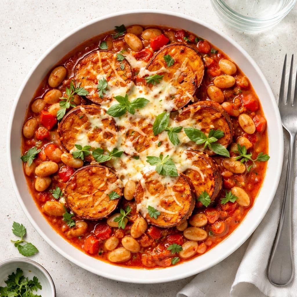 Stekt søtpotet med hvite bønner og rødpaprika