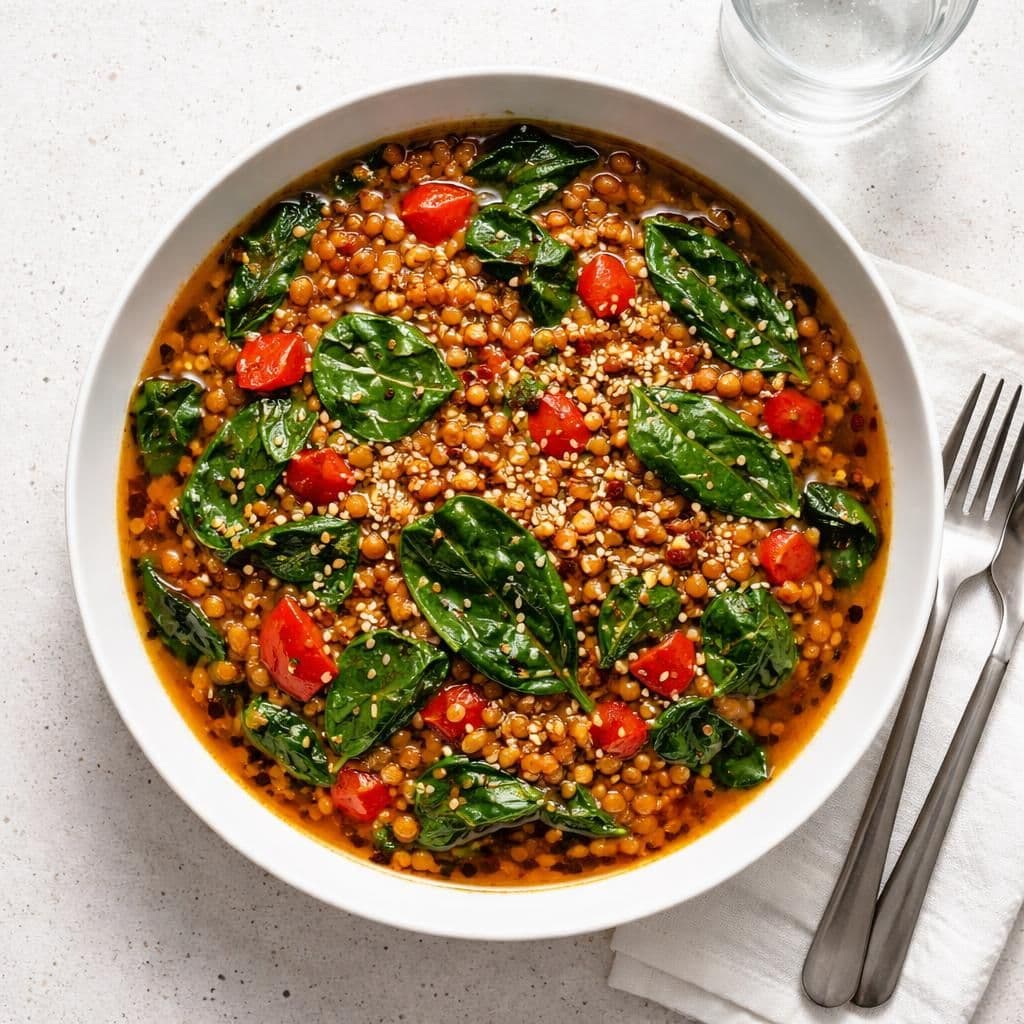 Wokede røde linser med paprika og spinat