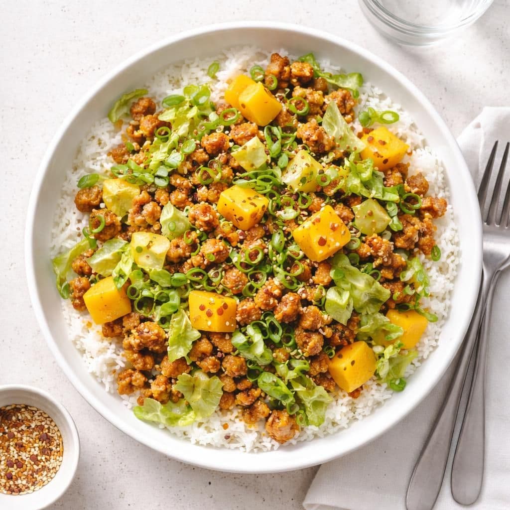 Wokstekt kyllingkjøttdeig med mango og crispisalat