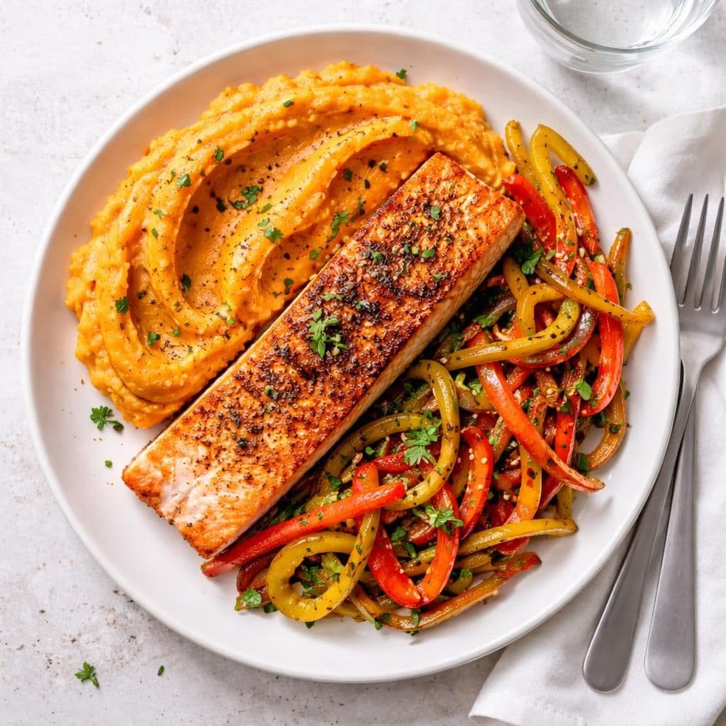 Laksefilet i panne med paprikawok og søtpotetmos