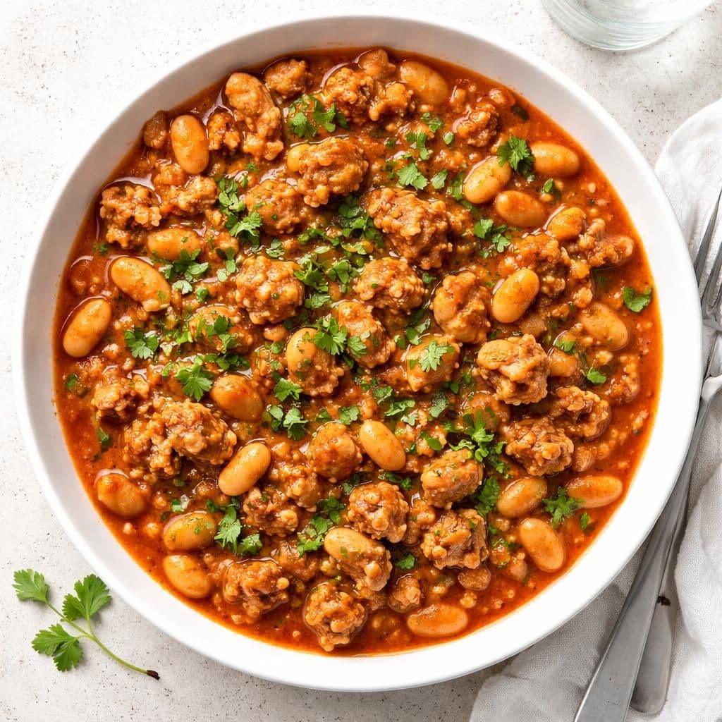 Stekt kyllingdeig med hvite bønner i tomatsaus