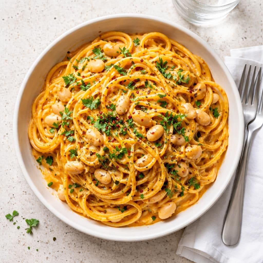Pasta med gulrot-kryddersaus og hvite bønner