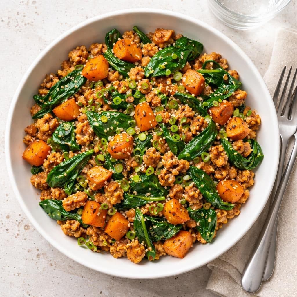 Kyllingkjøttdeig wok med søtpotet og spinat