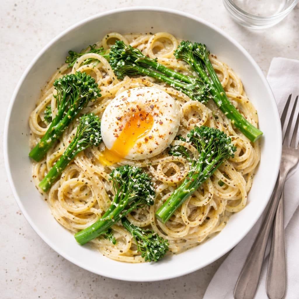 Spaghetti med kremet brokkoli og egg