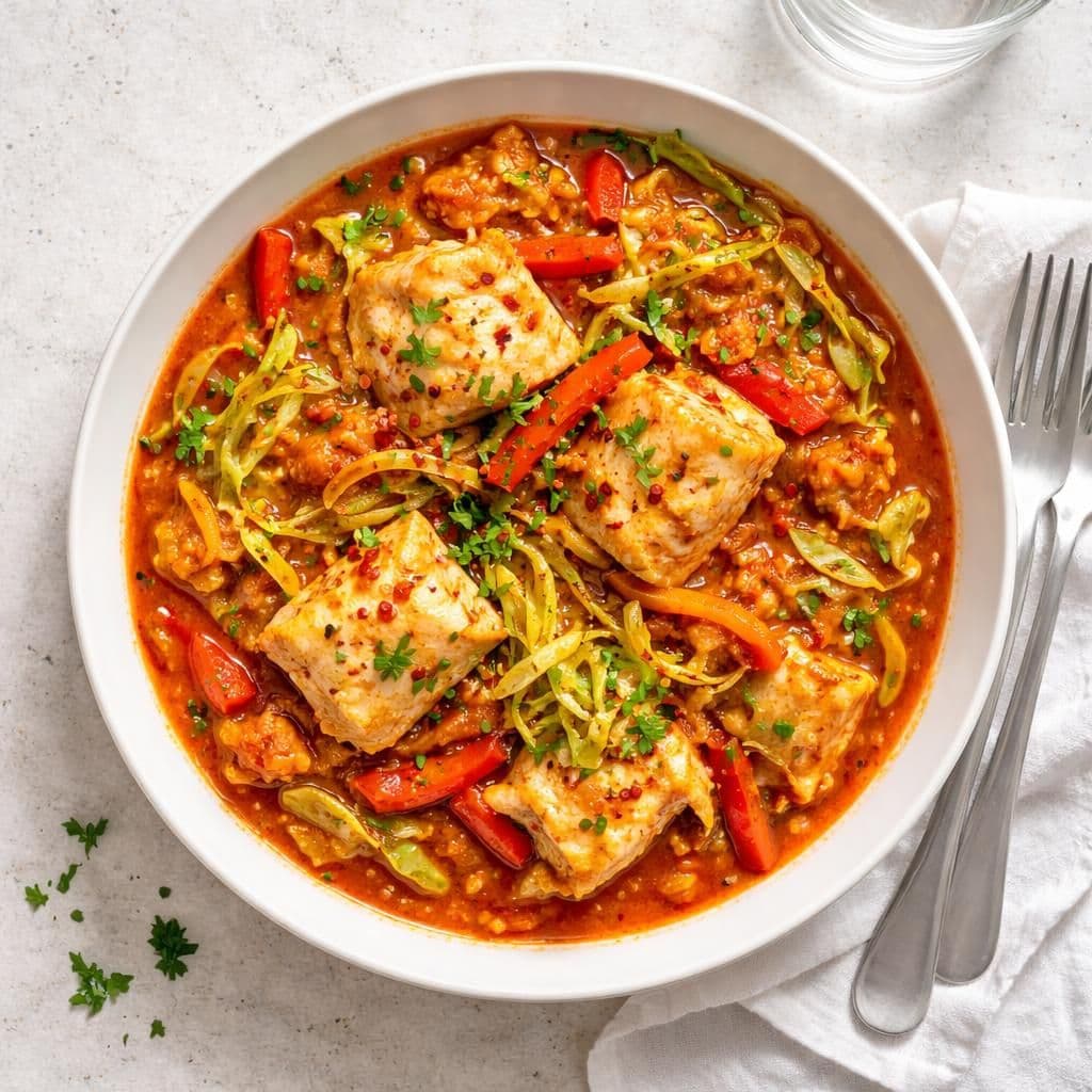 Torsk i spicy tomatwok med sommerkål og paprika