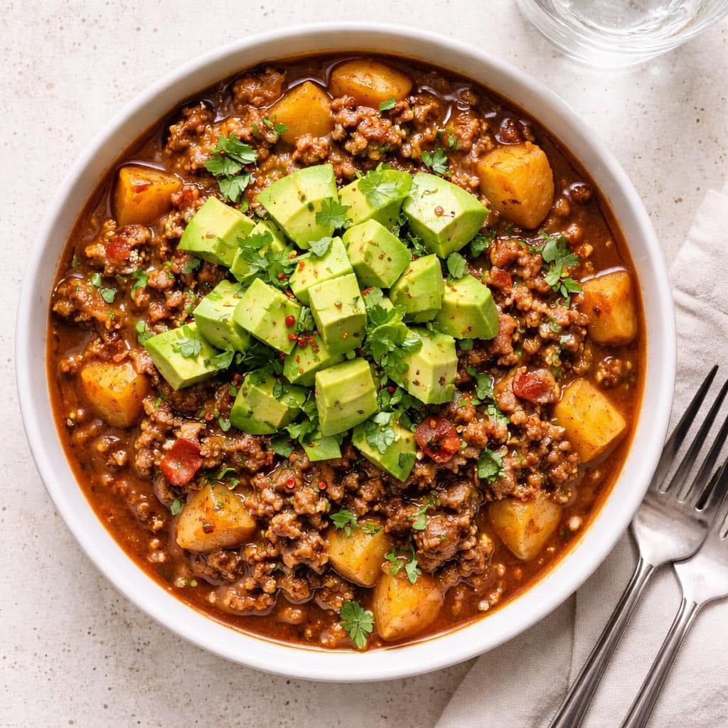 Oksekjøttdeig i gryte med bacon og avokado