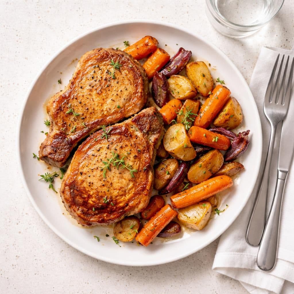 Stekte svinekoteletter med ovnsbakte rotgrønnsaker