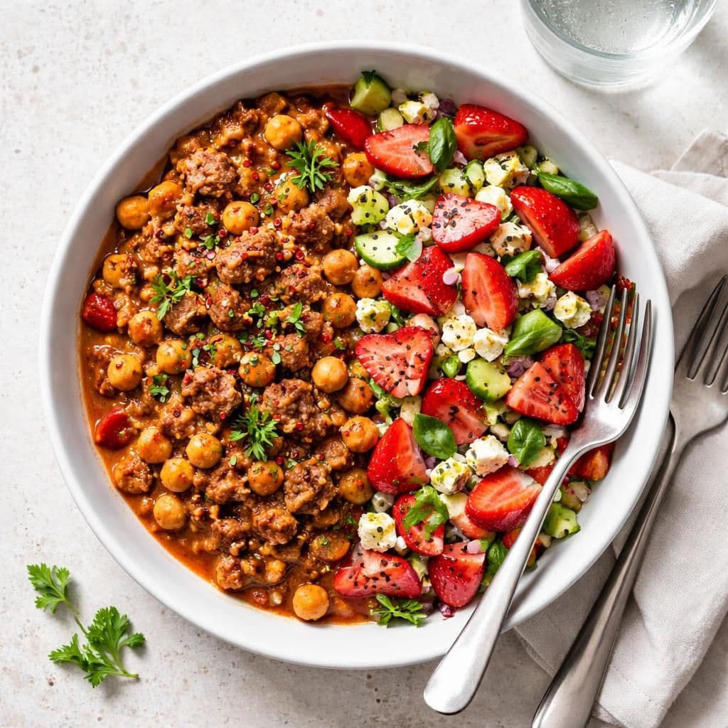 Oksekjøttdeig-gryte med kikerter og jordbærsalat