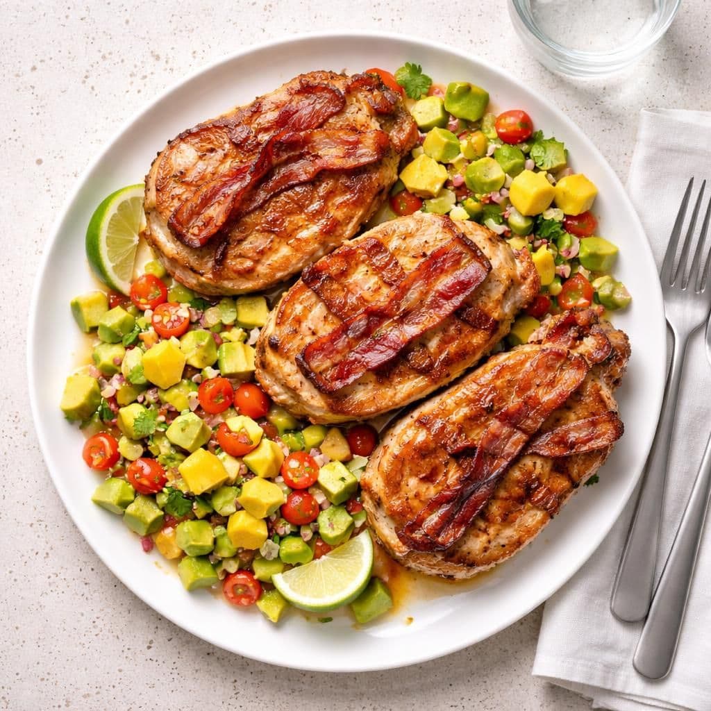 Panstekt svinekotelett med bacon og avokado-mango salsa