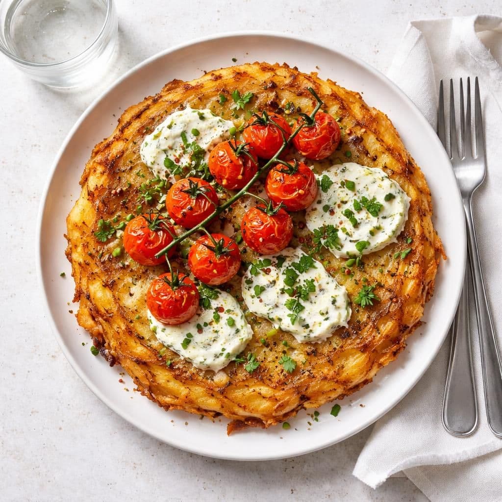 Stekt rösti med kremost og ovnsbakte tomater