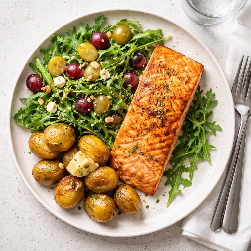 Laksefilet med rucculasalat og bakte poteter