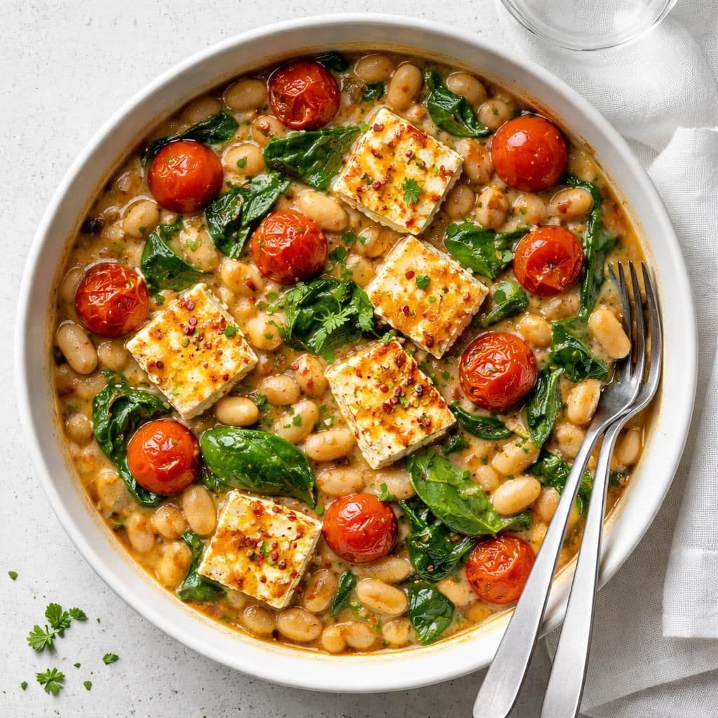 Stekte hvite bønner med tomat og spinat