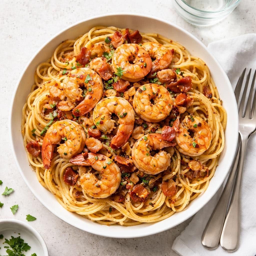 Scampi i hvitløkssaus med bacon og pasta