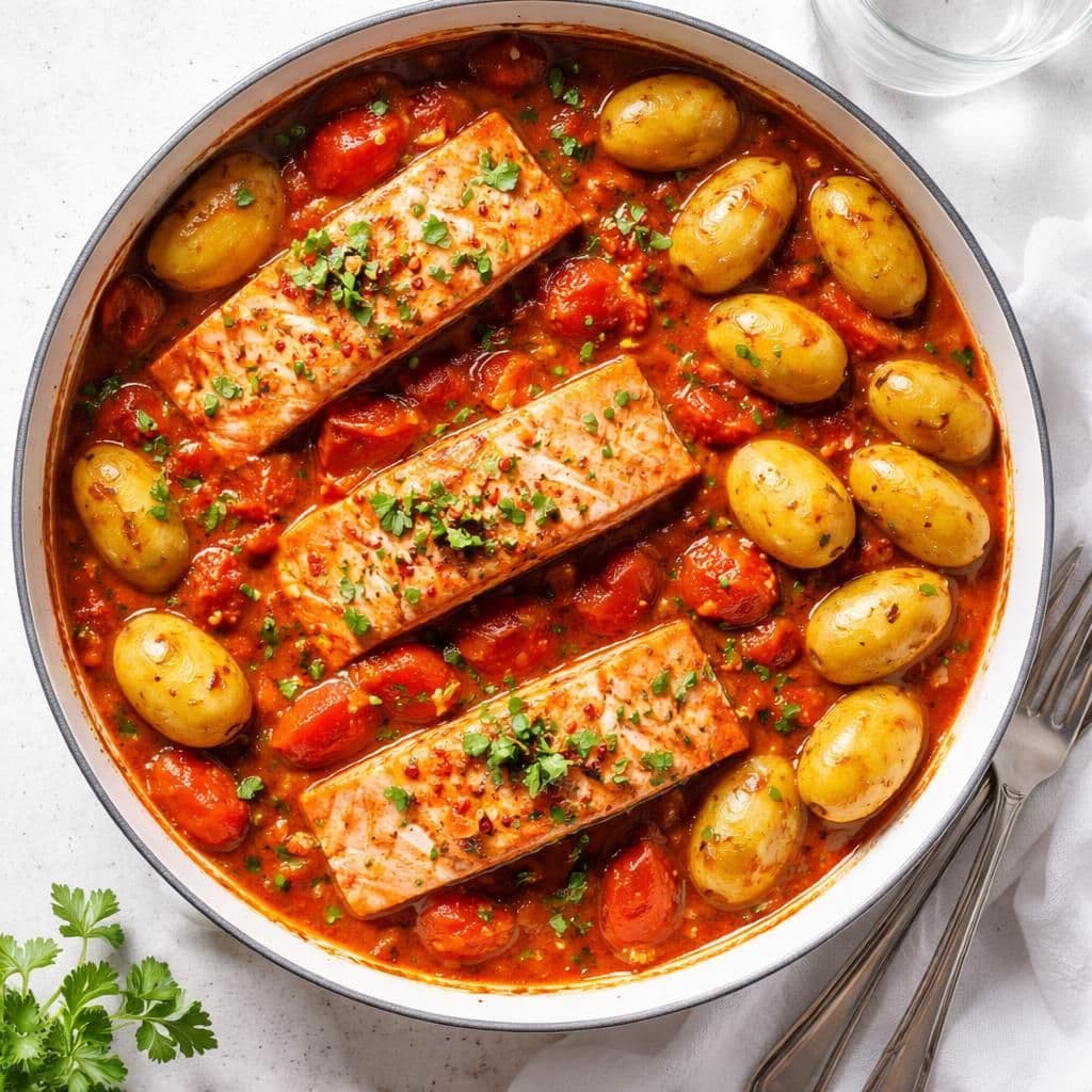 Laksefileter i gryte med San Marzano-tomater og mandelpoteter