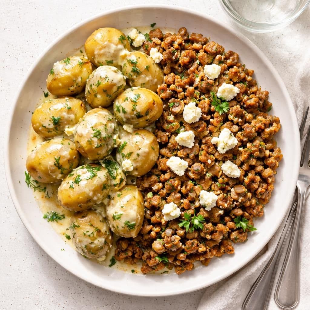 Pannestekt svinekjøttdeig med salatost og morene poteter