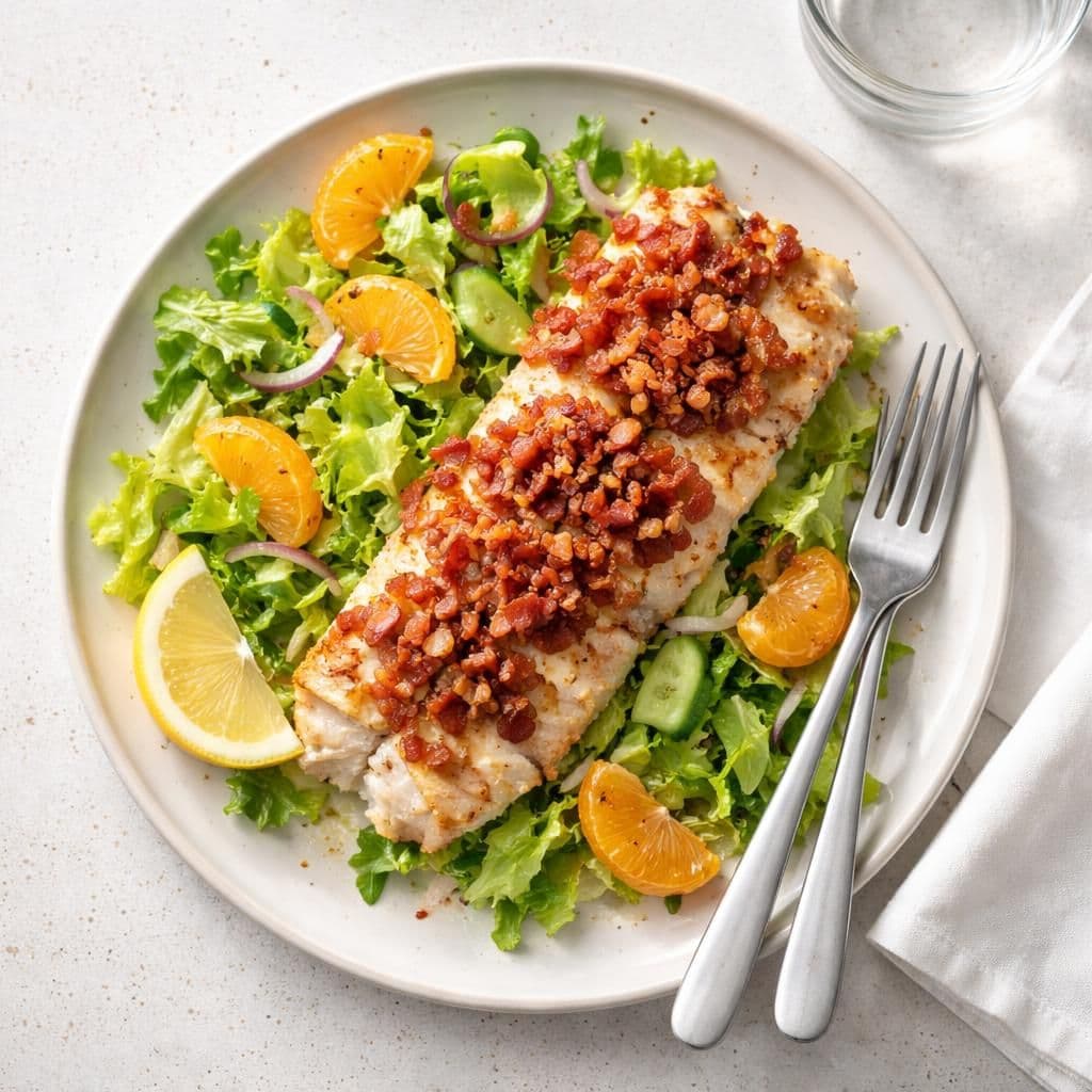 Sei i ovn med baconsmak og crispisalat