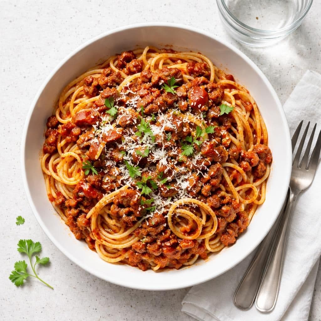 Spaghetti med kjøttdeig i tomatsaus