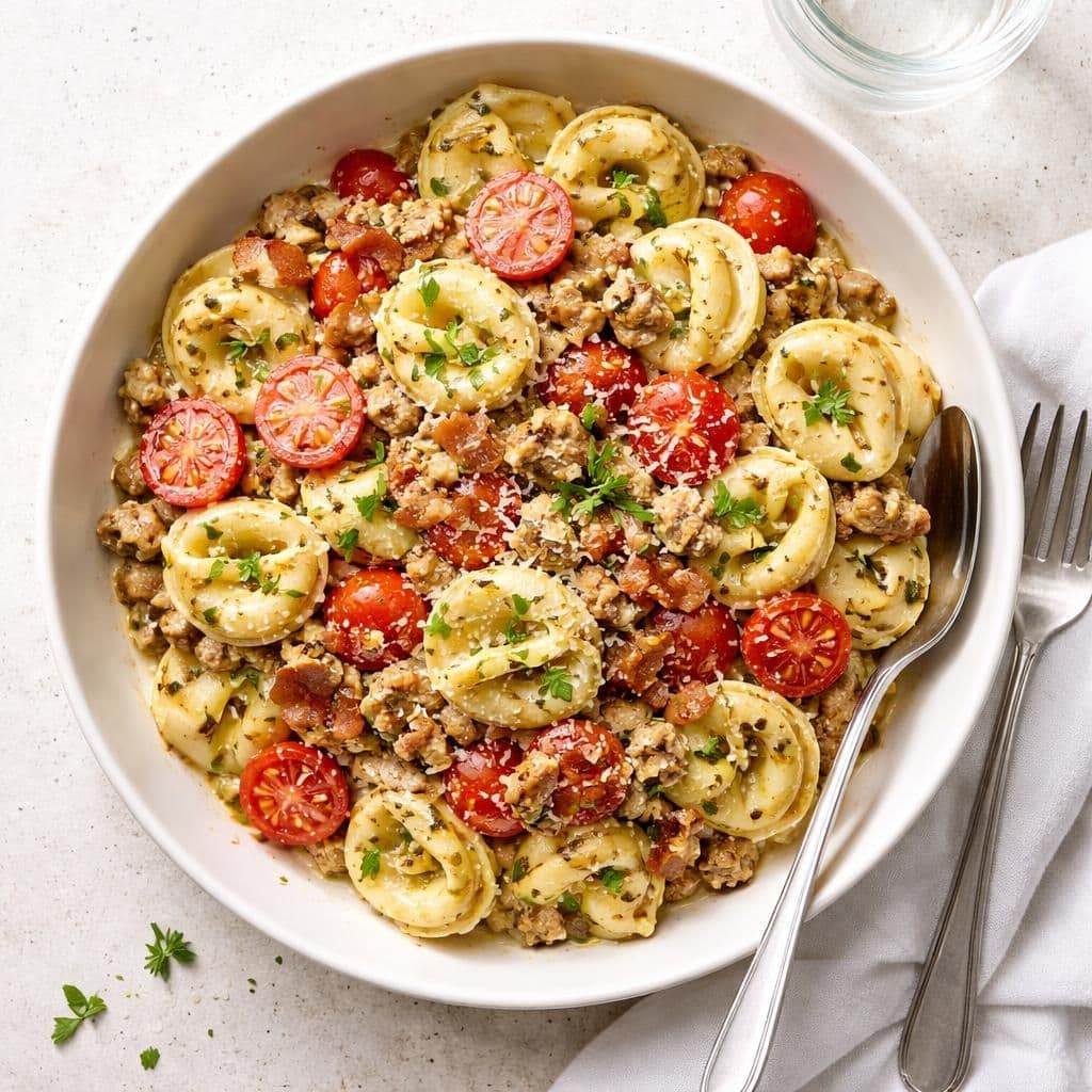 Kremet tortellini med kyllingkjøttdeig og baconterninger