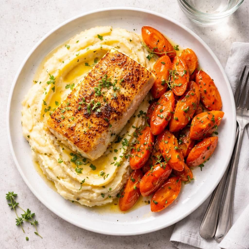 Stekt torsk med sauterte gulrøtter og potetmos