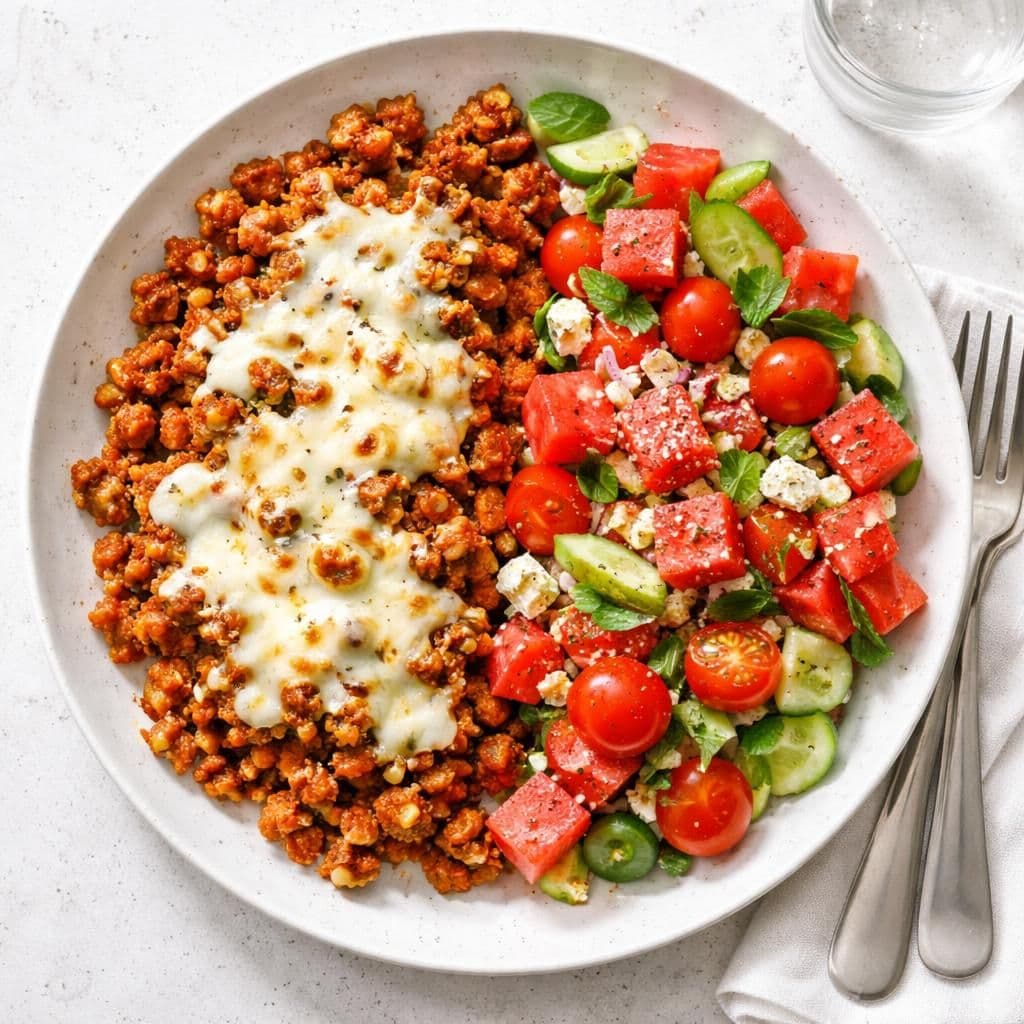Krydret svinekjøttdeig med mozzarella og vannmelonsalat