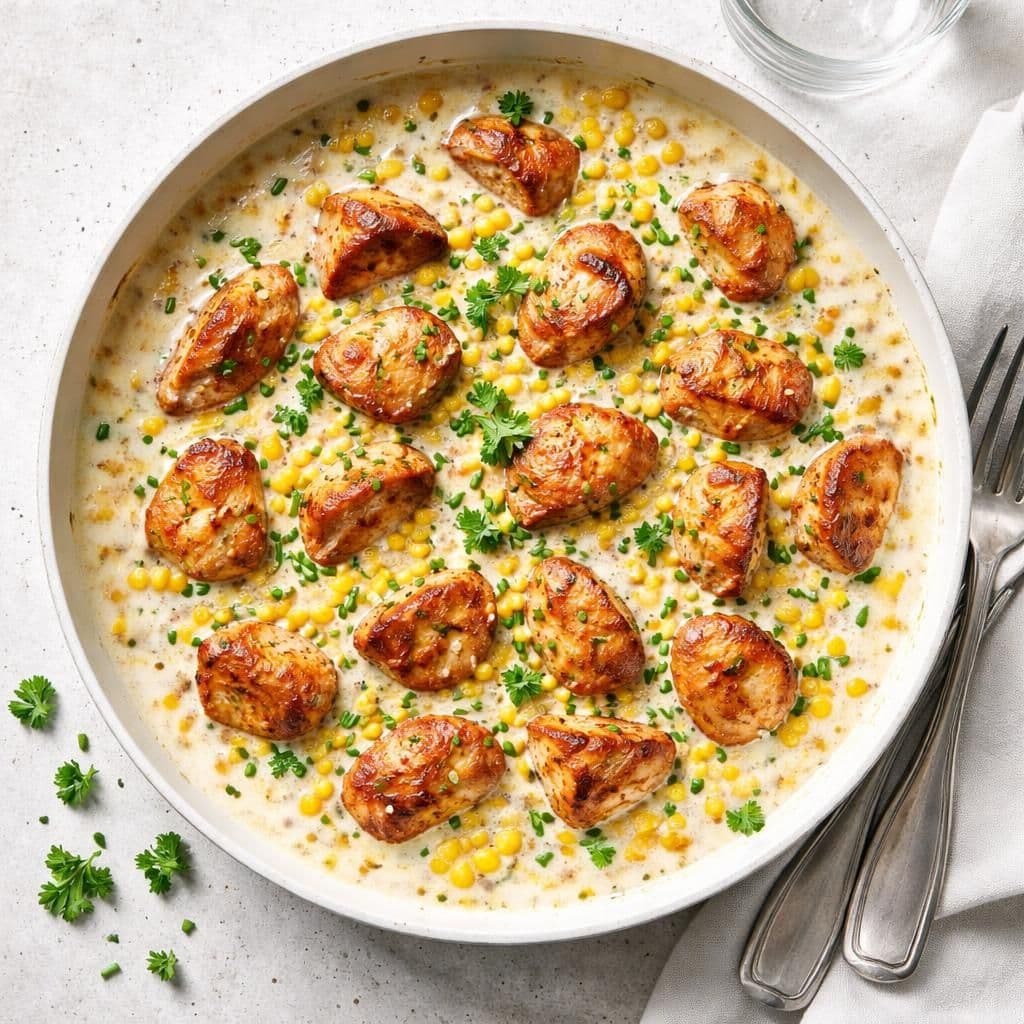 Stekt kylling med cremesaus og mais