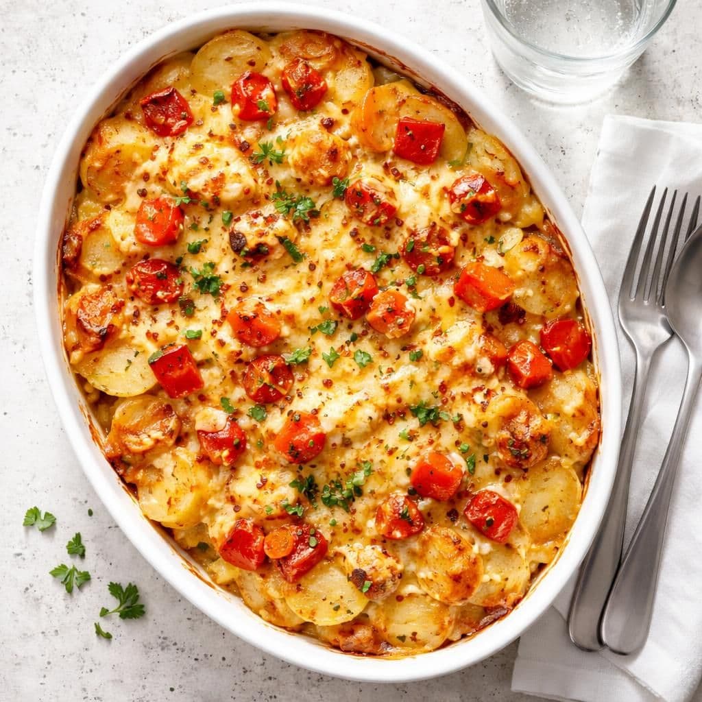 Gratinerte poteter med mozzarella og paprika