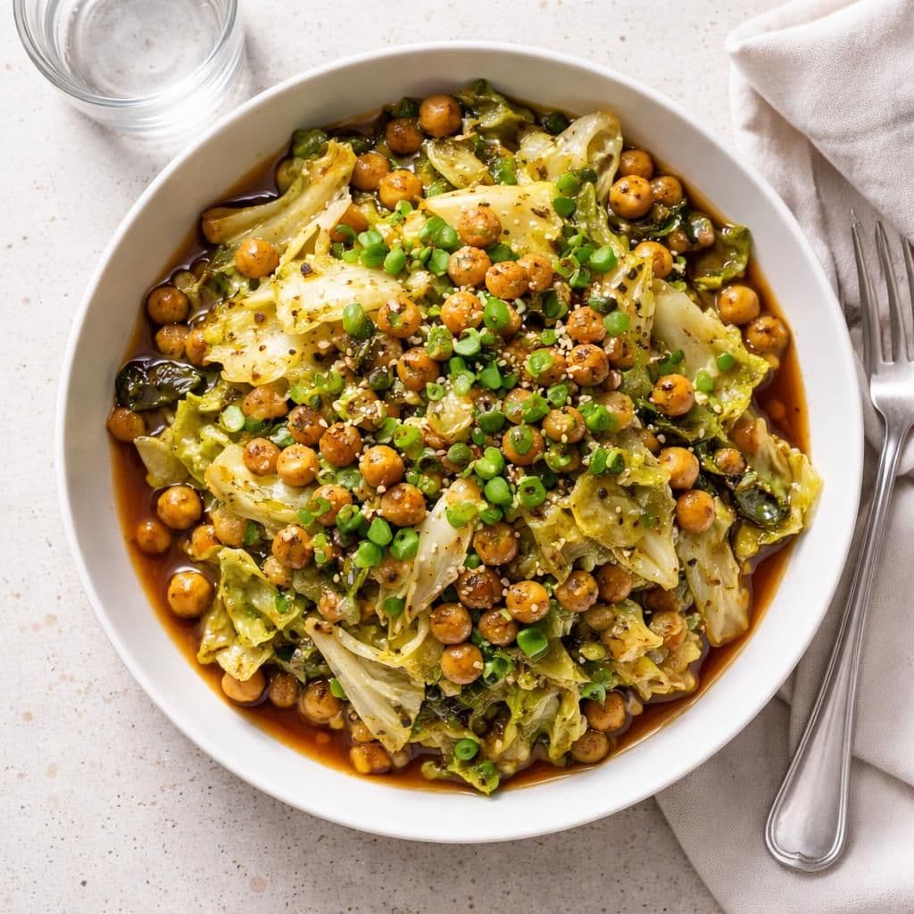 Wokstekt sommerkål med kikerter i soyasaus