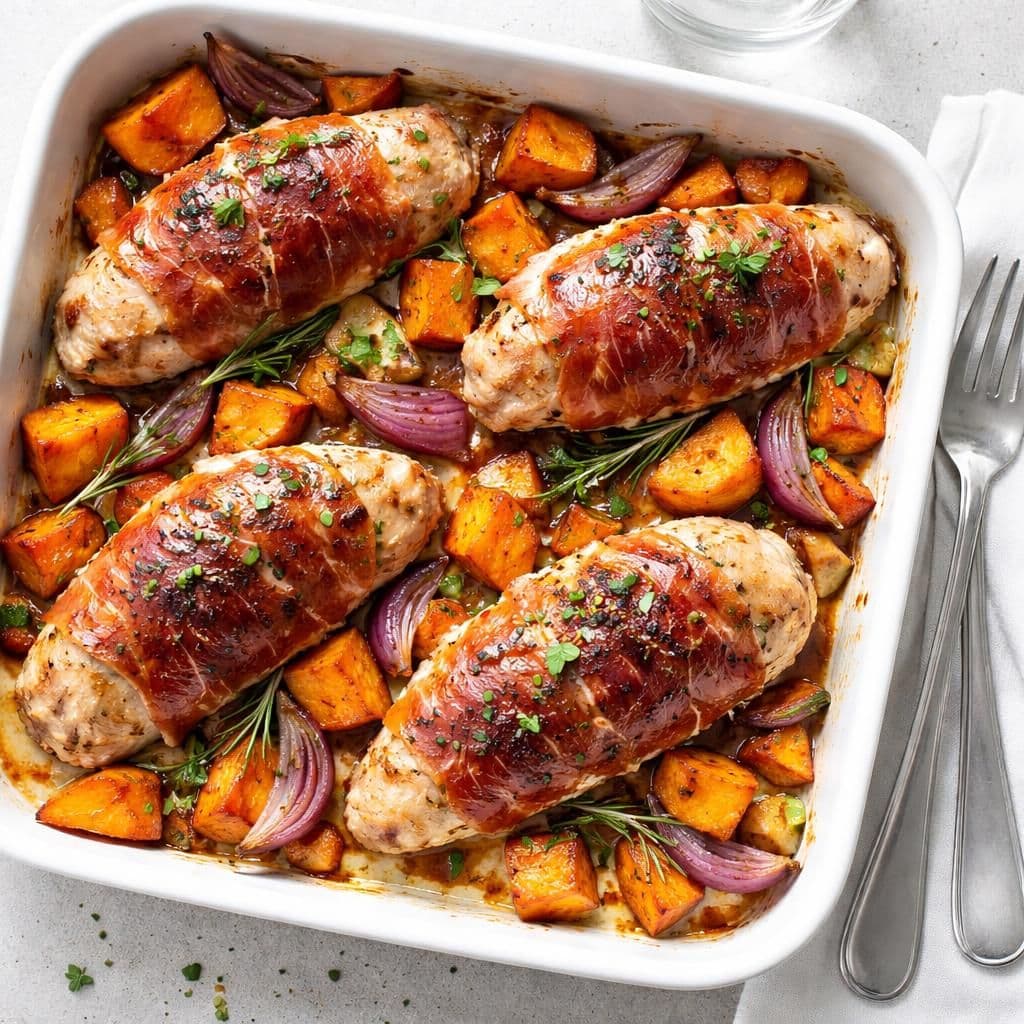 Ovnsbakt kylling med spekeskinke og søtpotet