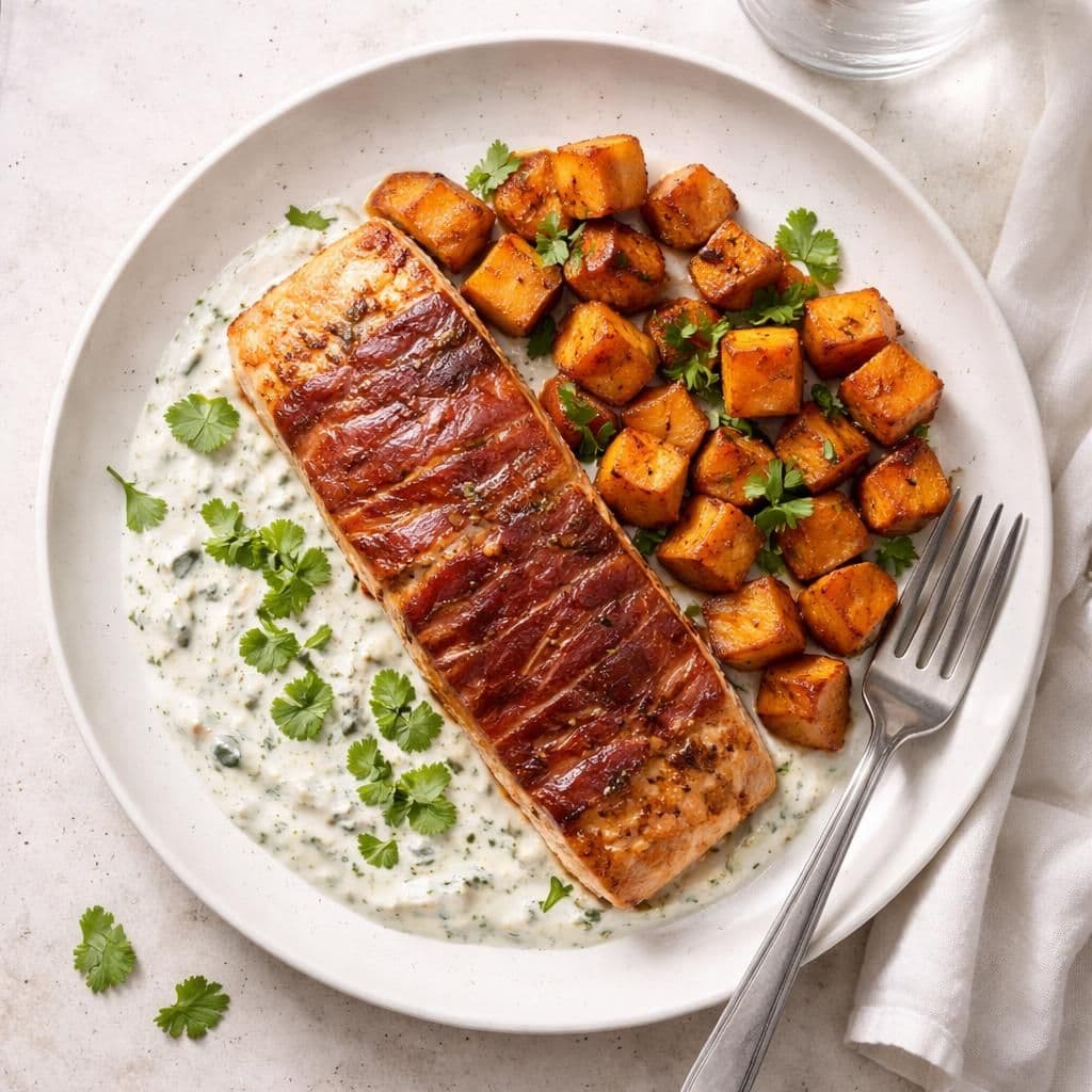 Laksefilet med spekeskinke og yoghurt-urtedressing