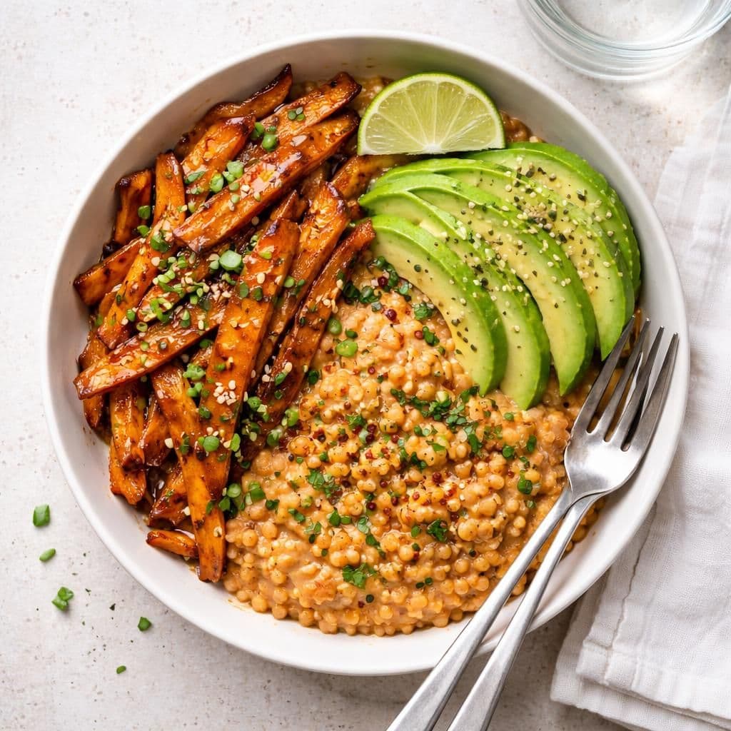 Stekte gulrotstrimler med røde linser
