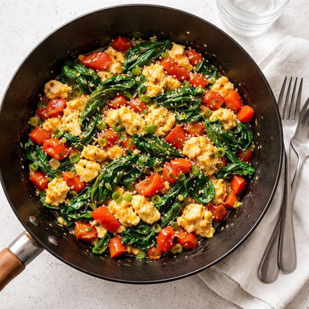 Wokstekt paprika og spinat med egg