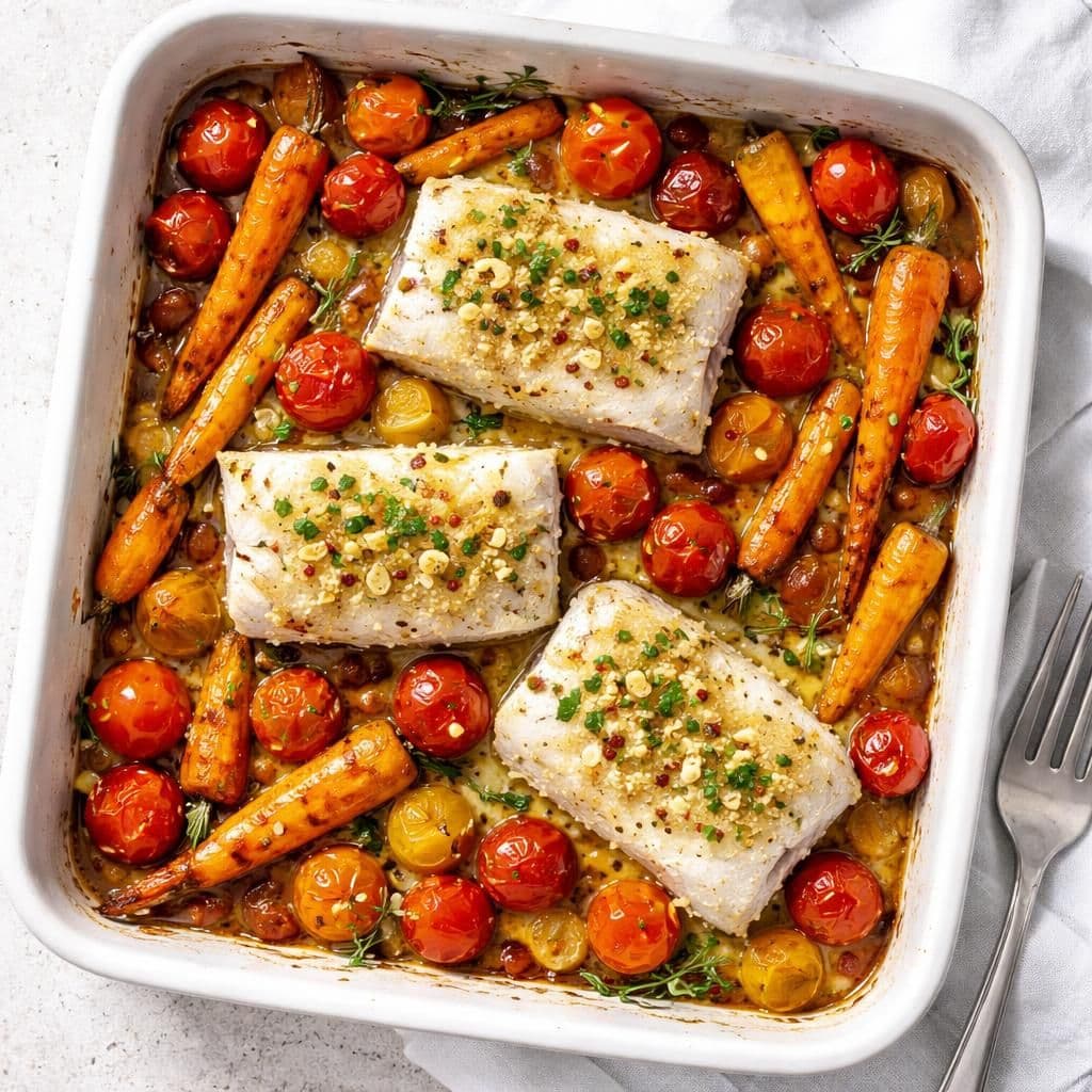 Ovnsbakt torsk med gulrot og små tomater