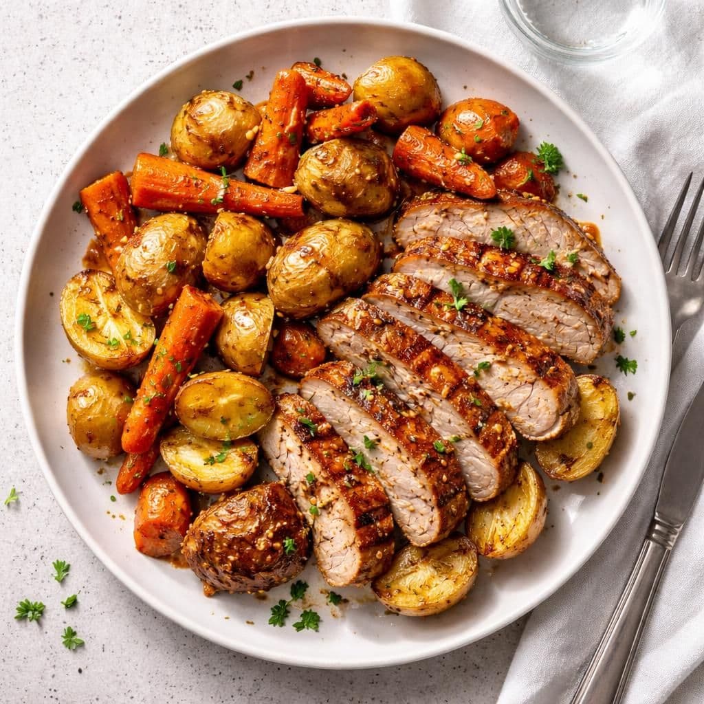 Marinert grillfilet svin med ovnsbakte poteter og gulrot