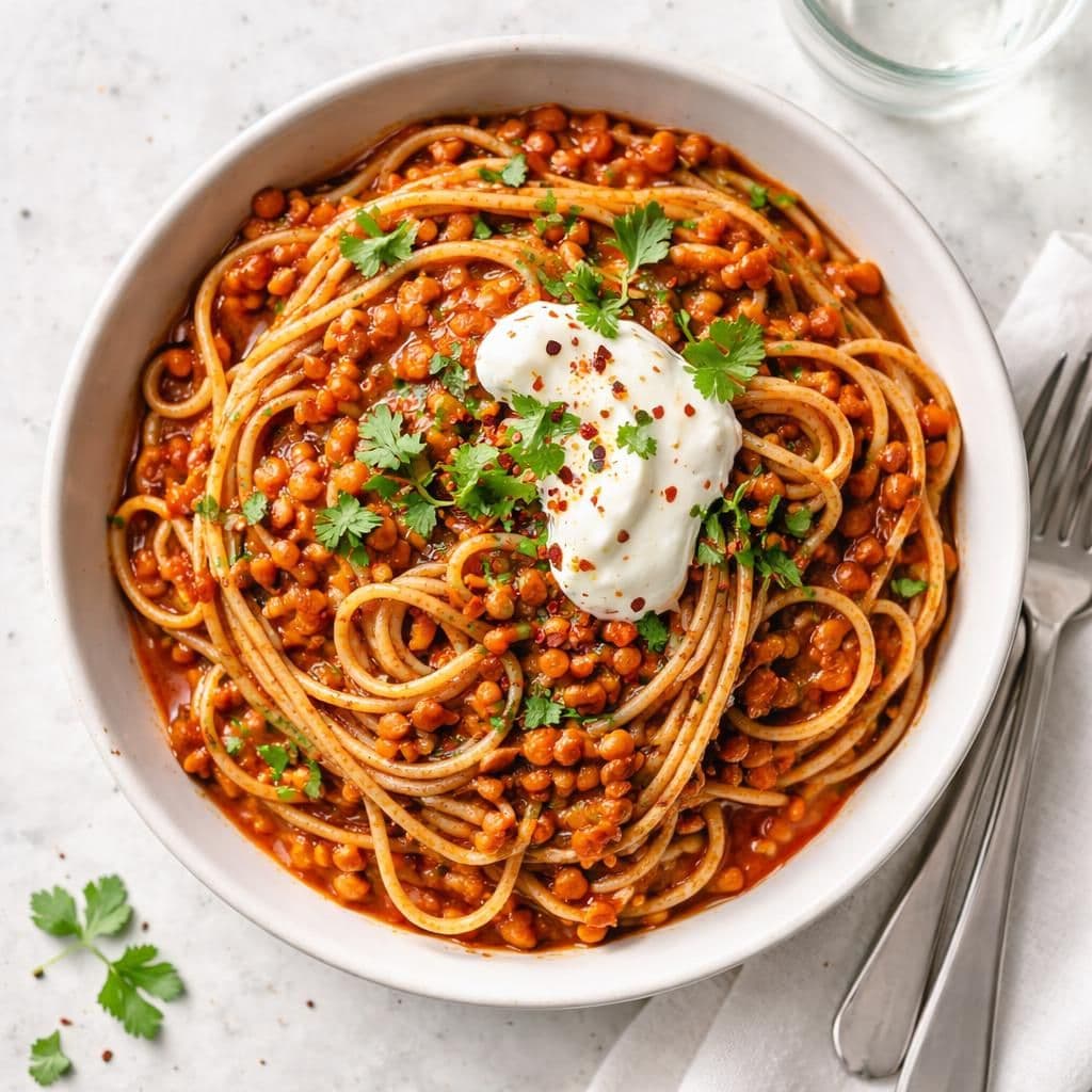 Fullkornsnudler med røde linser i krydret tomatsaus