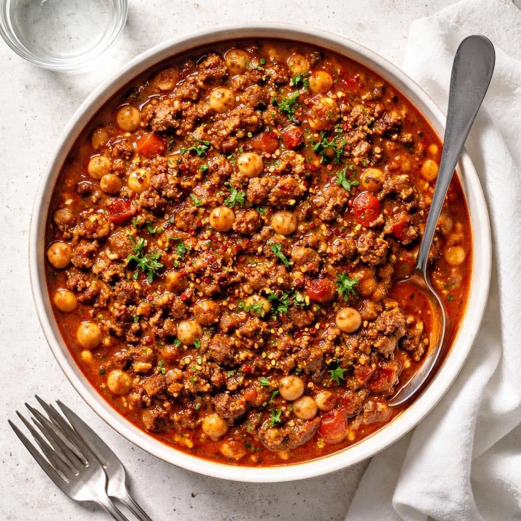 Grytestekt oksekjøttdeig med hakkede tomater og kikerter